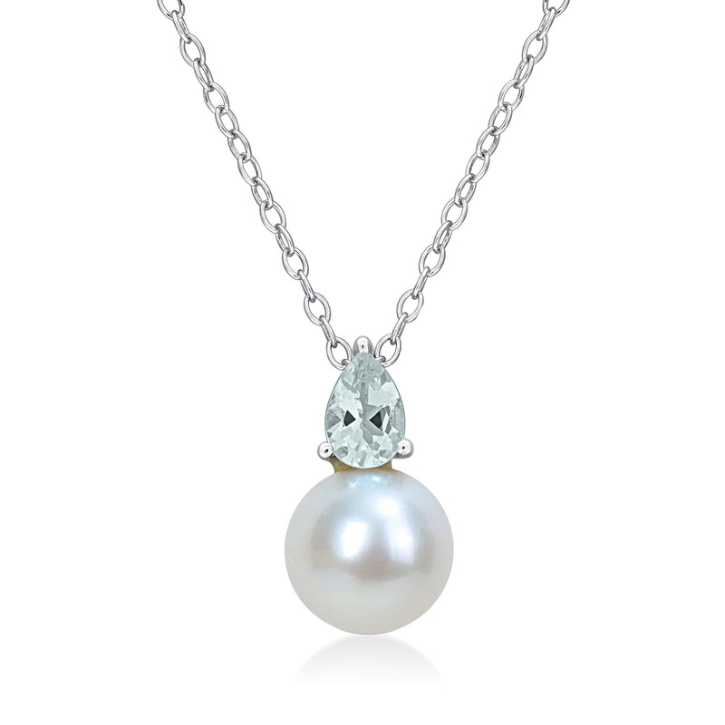 Sterling silver pendant necklace with cultured pearl and aquamarine gemstone