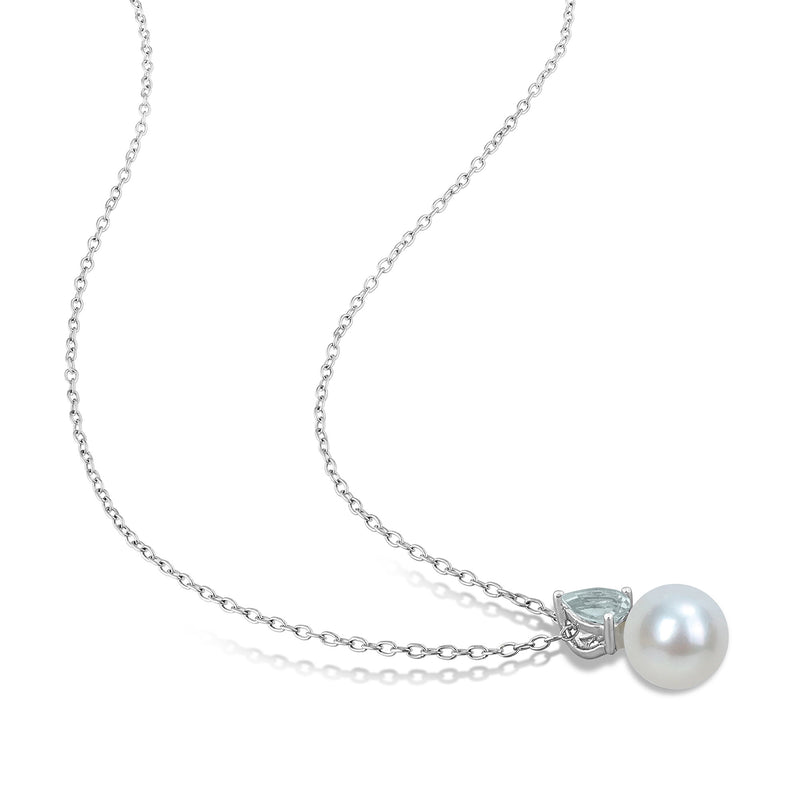 Sterling silver chain necklace with pearl drop pendant and aquamarine stone