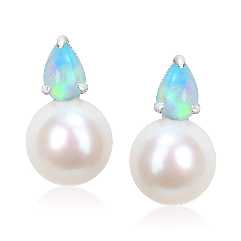 Sterling silver post earrings with opal teardrop tops and round cultured pearl drops