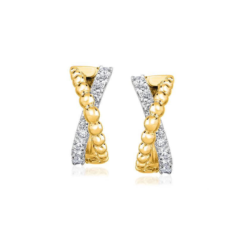 Two-tone gold hoop earrings with diamond crisscross bars and bead drops