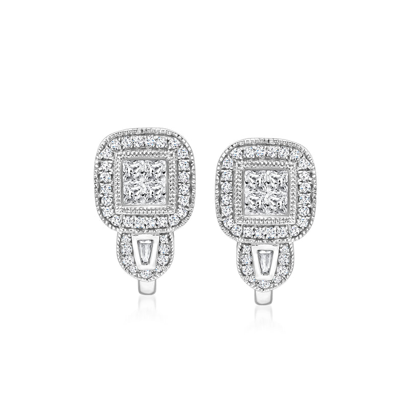 Diamond hoop earrings in 14kt white gold with square pavé diamond drops