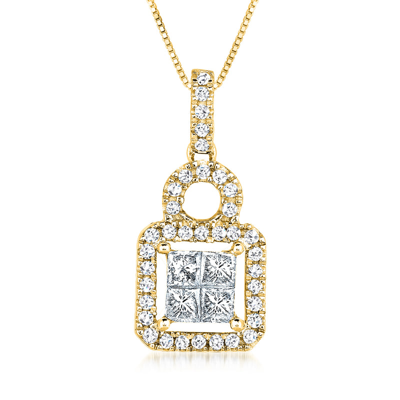 14kt yellow gold diamond halo pendant necklace with square center stone