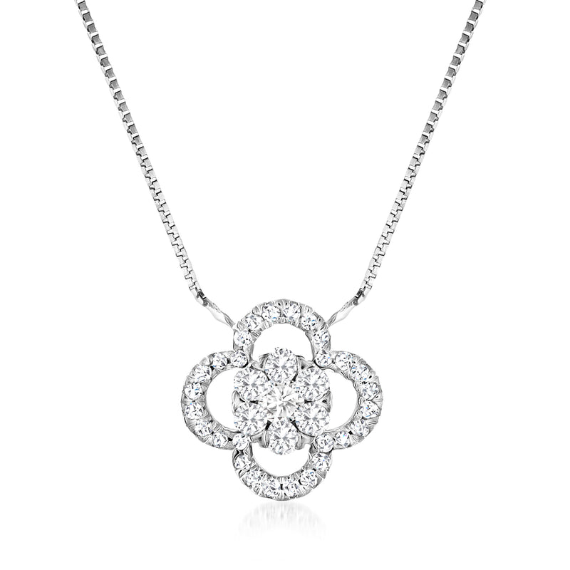 14kt white gold diamond clover necklace with round brilliant stone pendant