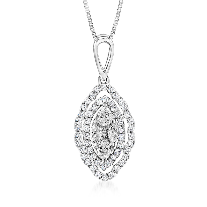 14kt white gold marquise diamond pendant necklace, oval marquise halo setting