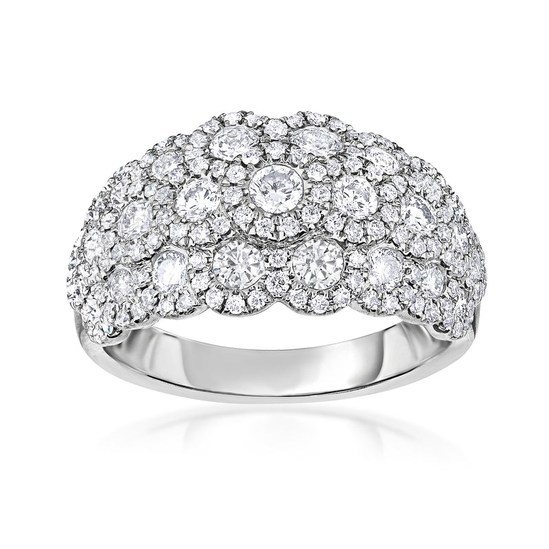 14kt white gold multi-row diamond ring with round stones, polished band