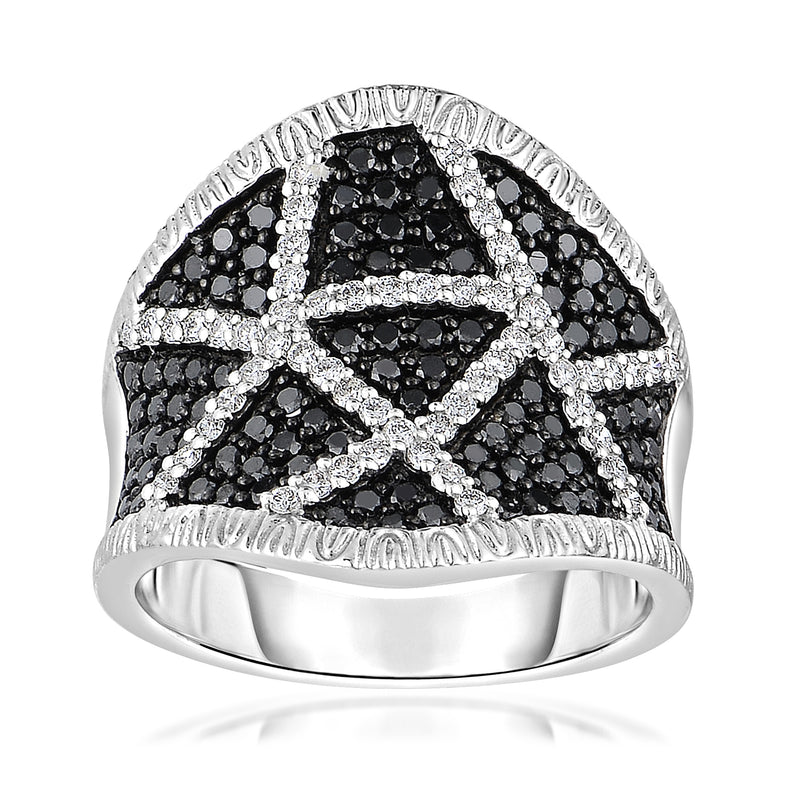 14kt white gold black and white diamond ring with raised black center and white accents