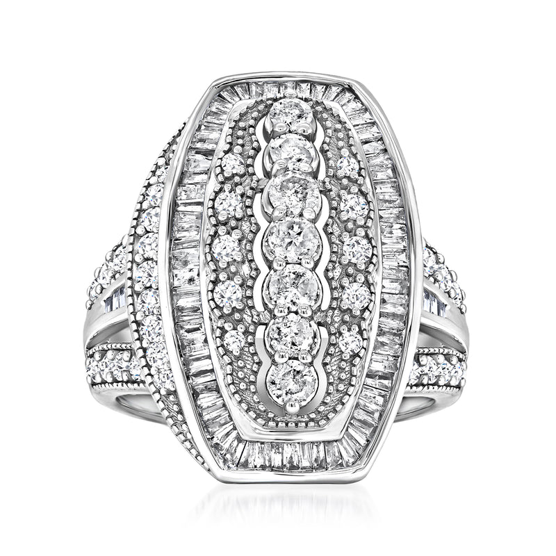 Diamond ring in sterling silver with oval cluster and baguette accents