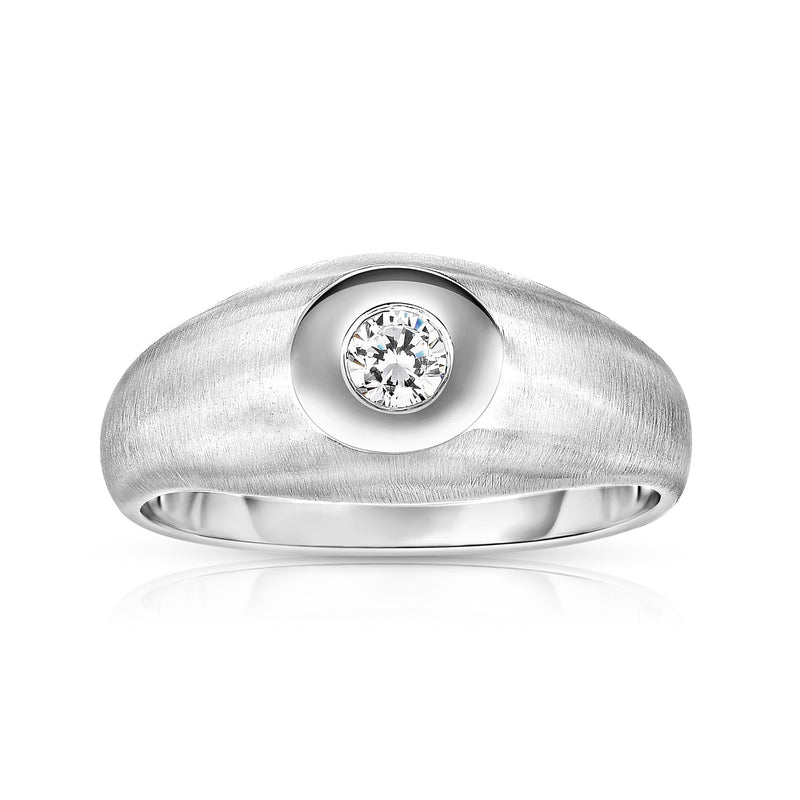 Men's 14kt white gold signet ring with round bezel-set diamond