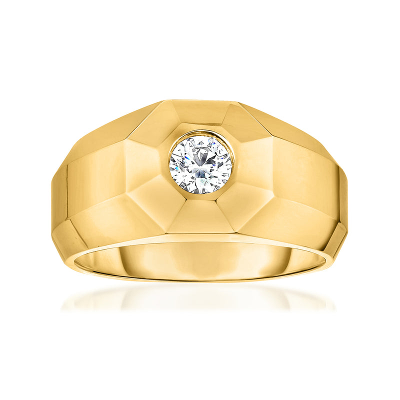 Geometric 14kt yellow gold ring with round bezel-set diamond center