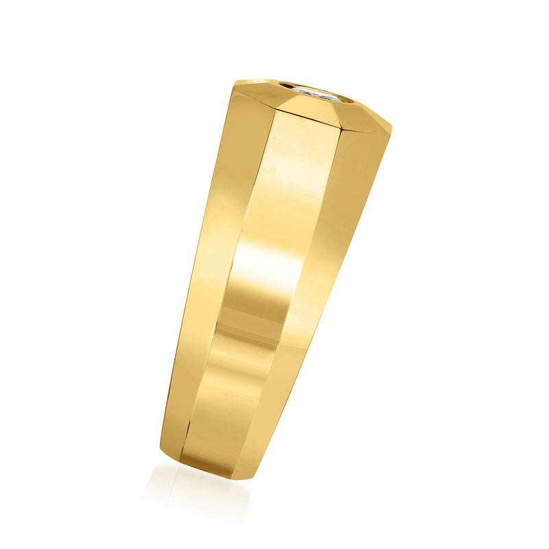 Geometric 14kt yellow gold ring with faceted sides and bezel-set diamond