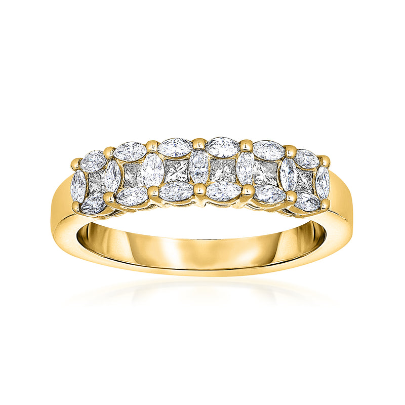 14kt yellow gold diamond ring with oval-shaped stones in a continuous row