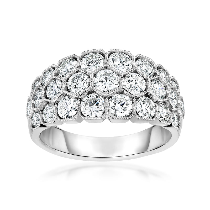 Three-row diamond ring in 14kt white gold with round pave-set stones across the top