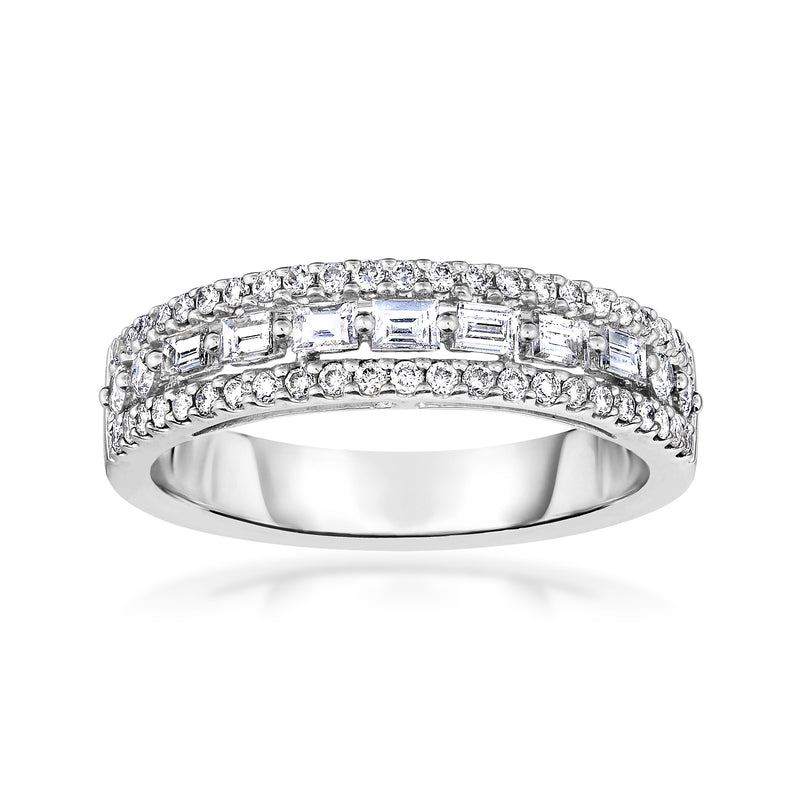 14kt white gold diamond ring with baguette and round stones, allover sparkle