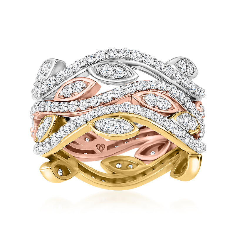 Wavy tri-colored 14kt gold diamond ring with pave-set stones and oval accents
