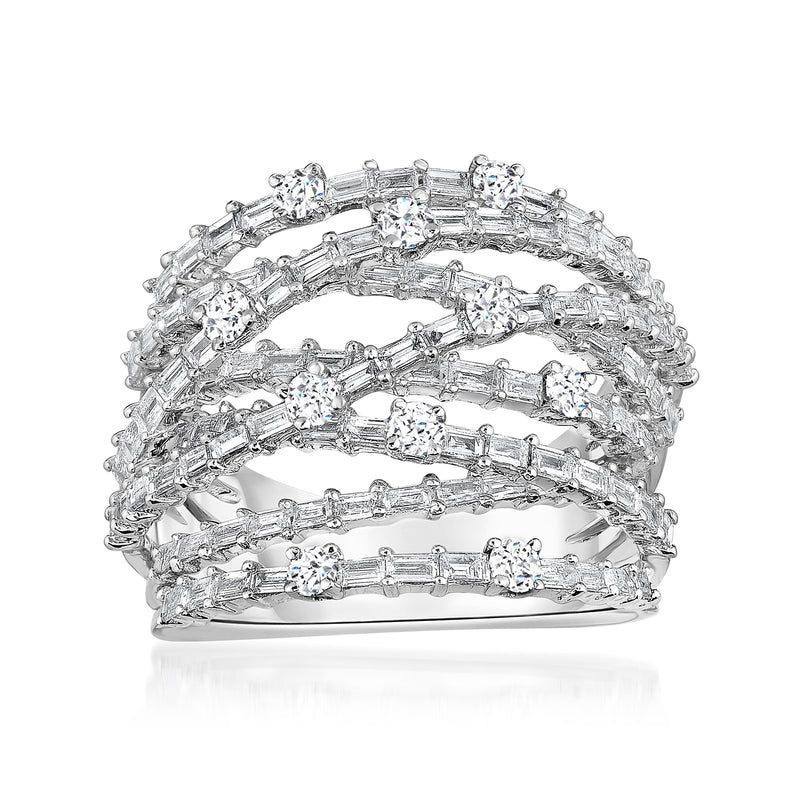 14kt white gold diamond highway ring with round and baguette-cut stones