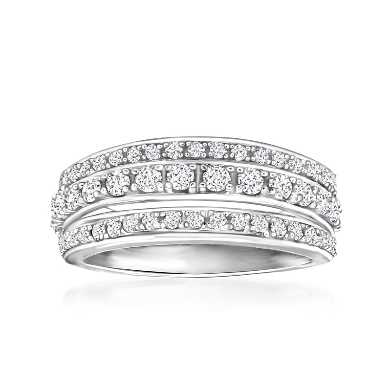 Three-row diamond band ring, 14kt white gold, clear stones on polished metal