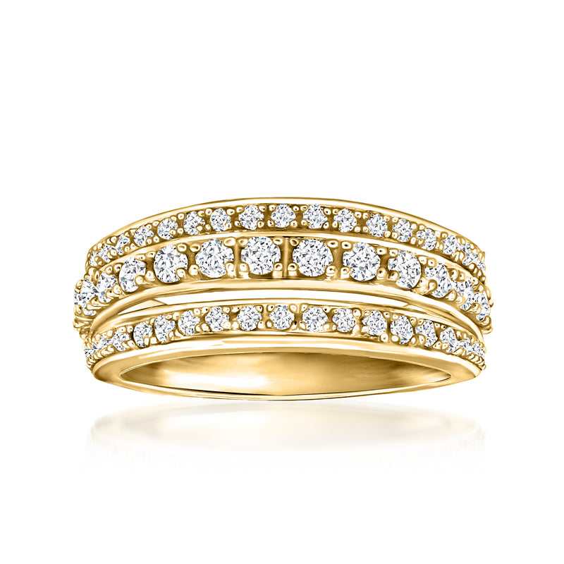 Three-row diamond band ring in 14kt yellow gold with round-cut stones