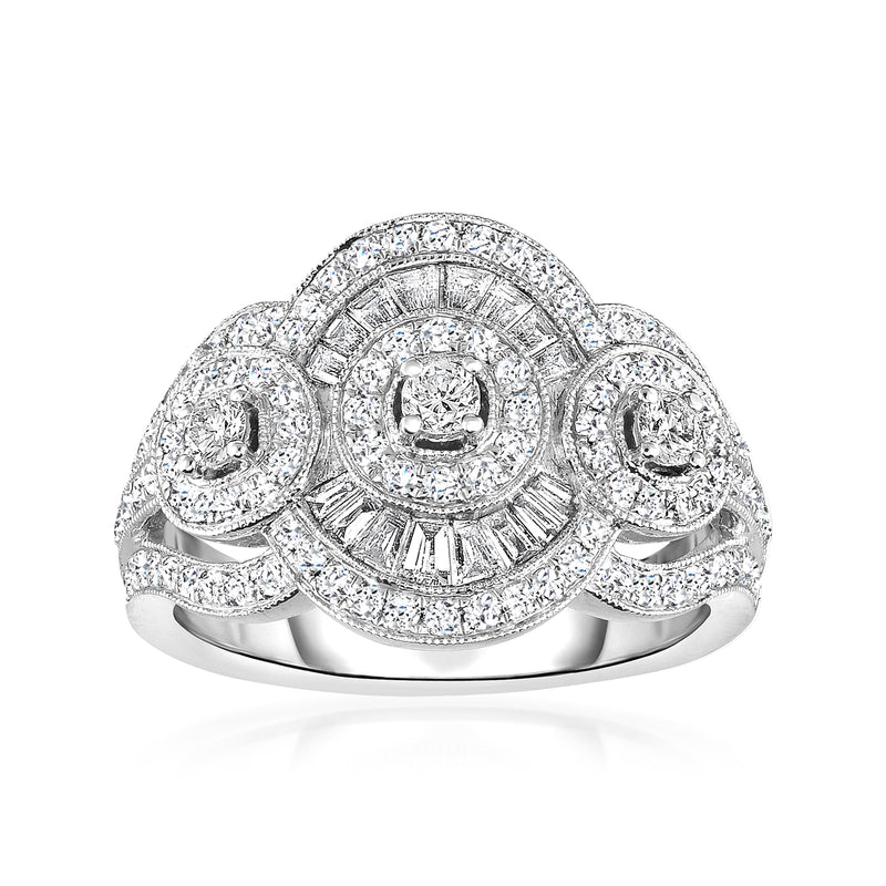 Diamond ring in white gold with three round halo settings