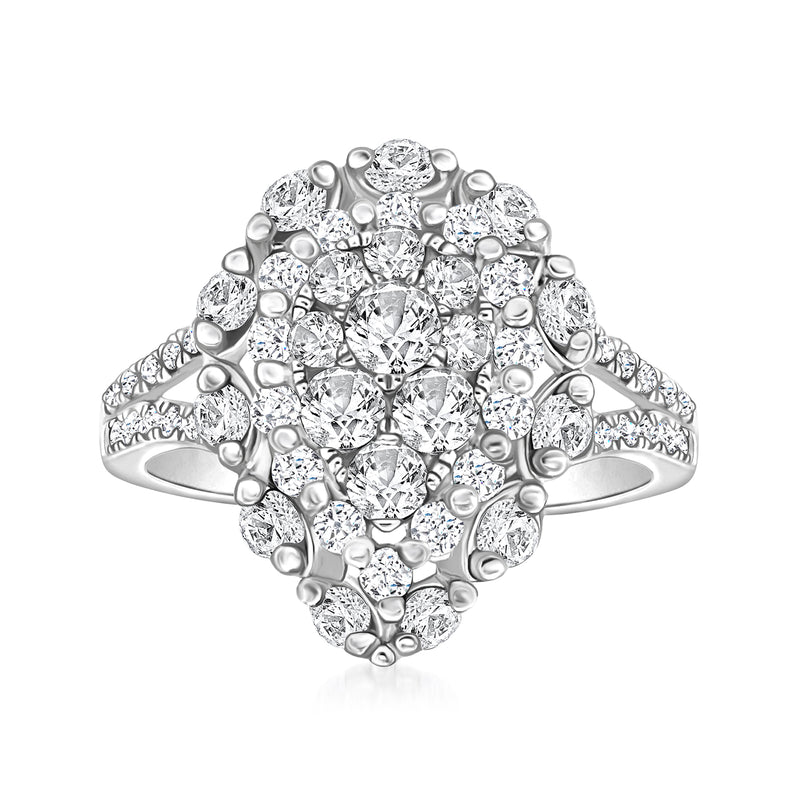 White gold diamond teardrop ring with clustered round stones and prong settings