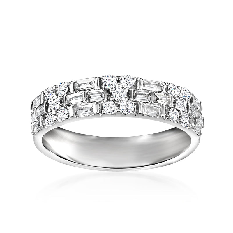 Three-row diamond ring in 14kt white gold with baguette and round stones