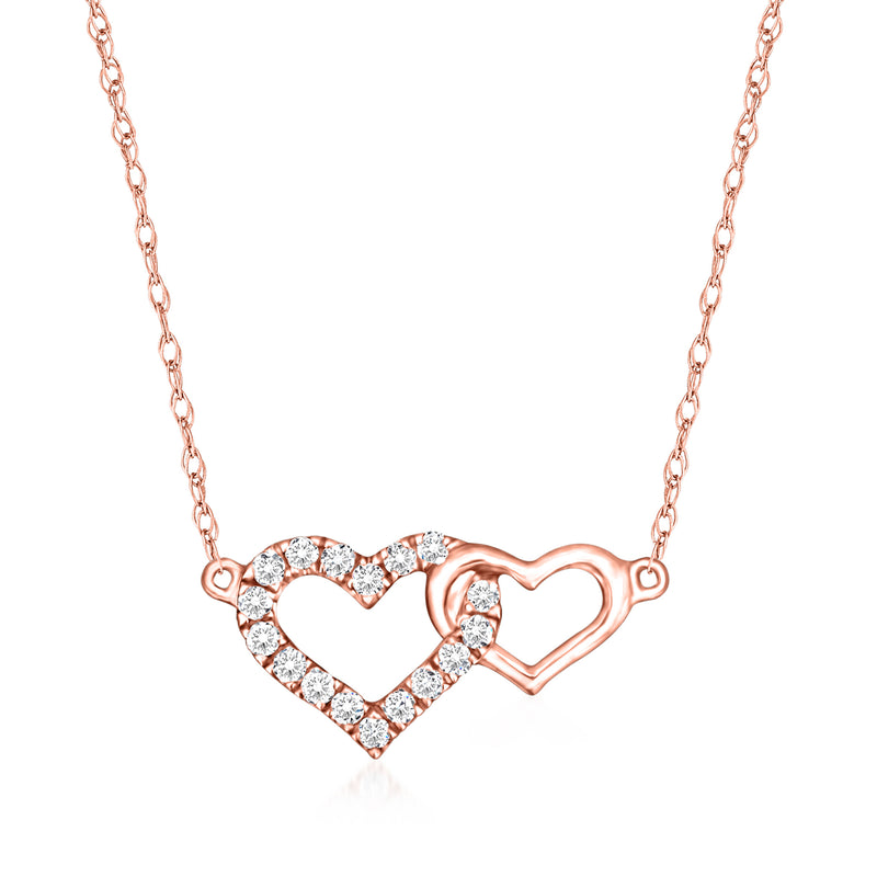 14kt rose gold diamond double-heart necklace with linked heart pendants