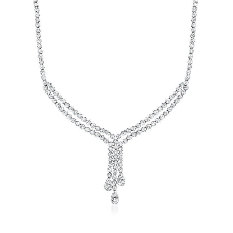 14kt white gold diamond Y-necklace with round stones and a drop pendant
