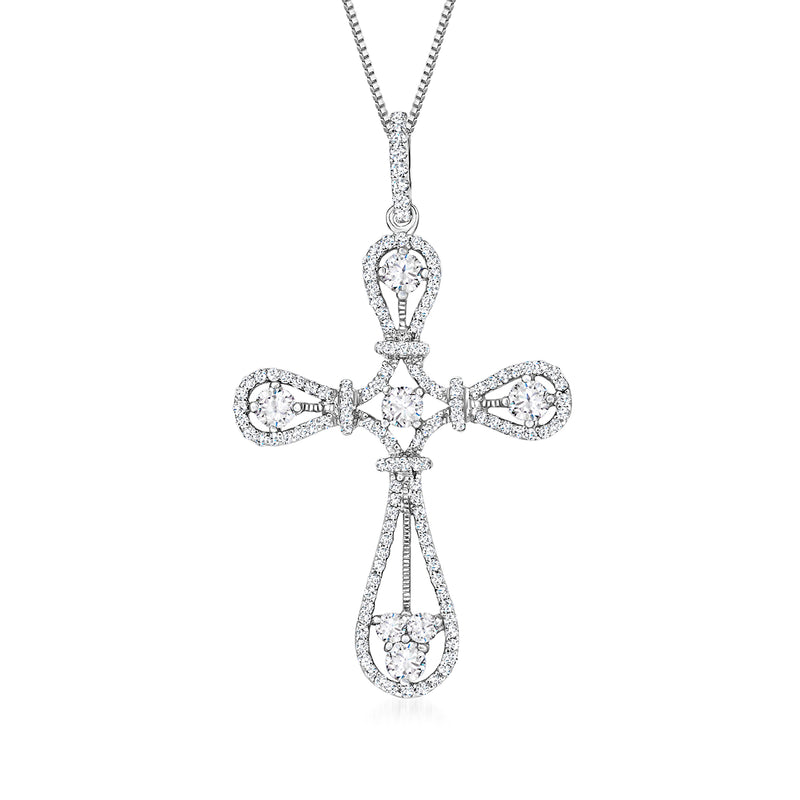 Diamond cross pendant necklace in 14kt white gold with teardrop and round diamond details