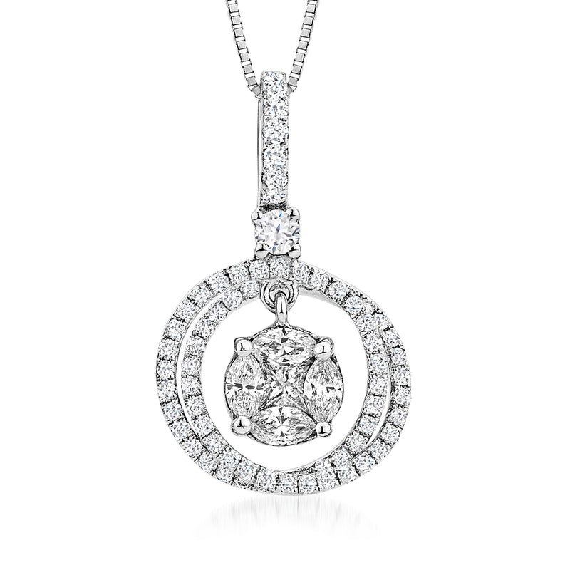14kt white gold diamond crisscross circle pendant necklace with round halo and prong-set center