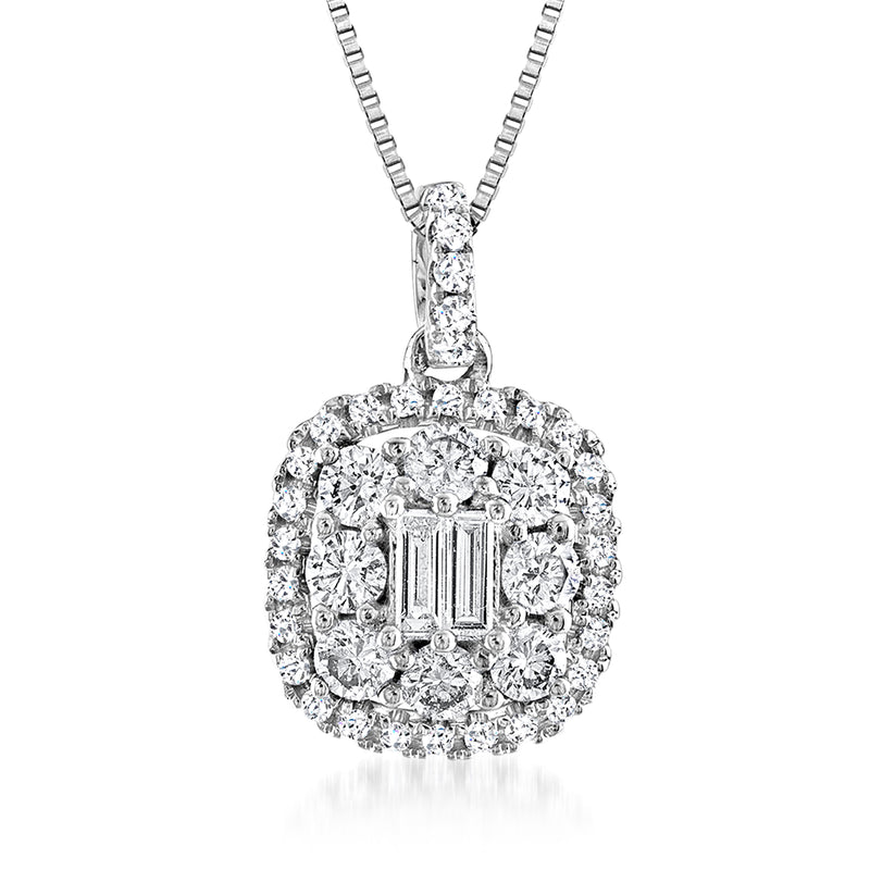 14kt white gold diamond pendant necklace with baguette and round halo