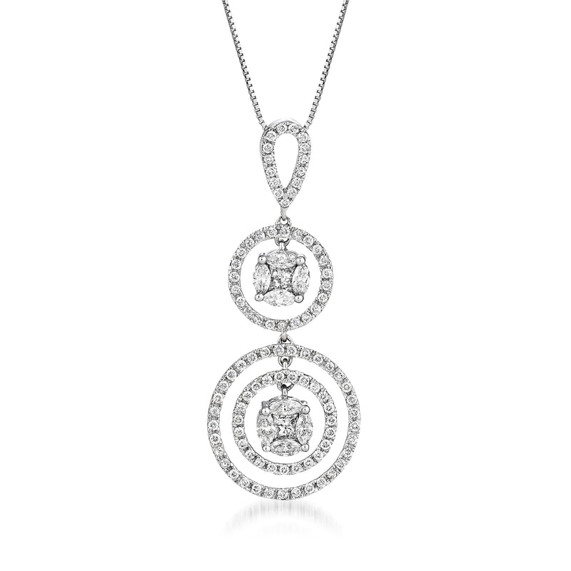 14kt white gold diamond double-circle pendant necklace with framed clear stones