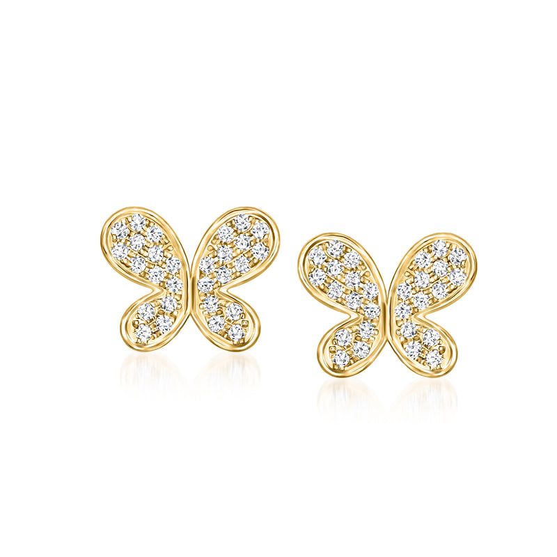 14kt yellow gold diamond butterfly stud earrings with post backs