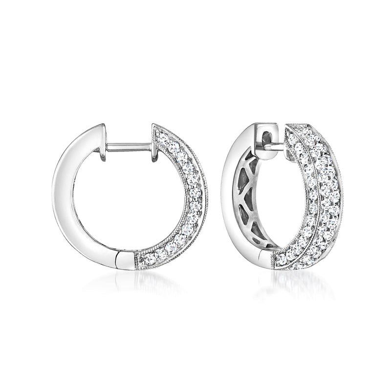 Diamond hoop earrings in 14kt white gold, front and side views