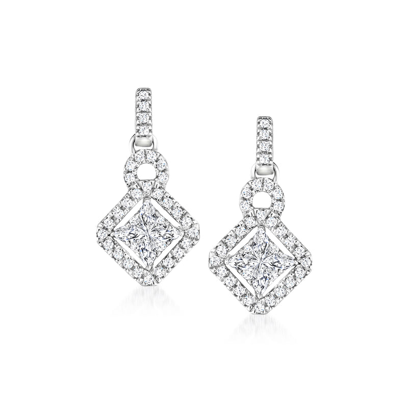 Diamond post earrings in white gold with square halo dangles