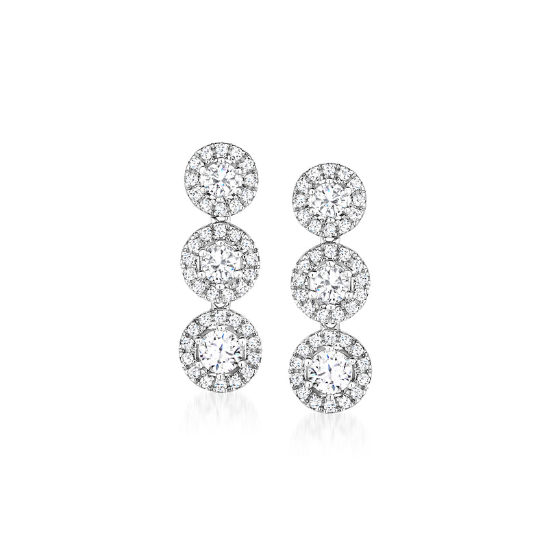 Three-stone round diamond post earrings in 14kt white gold