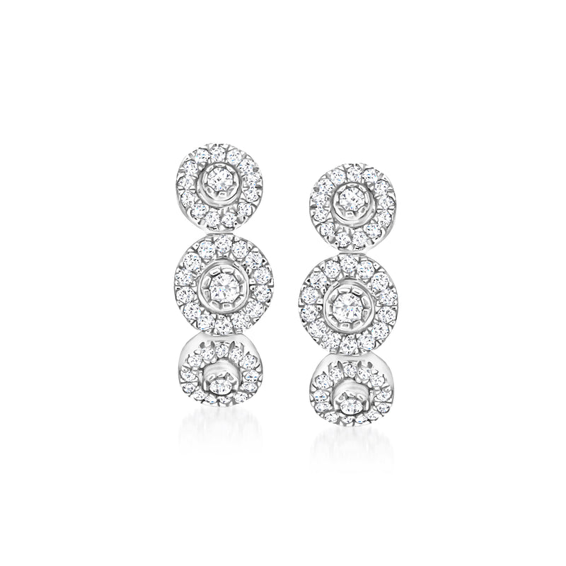 Three-station diamond drop earrings in 14kt white gold, round stones, post back