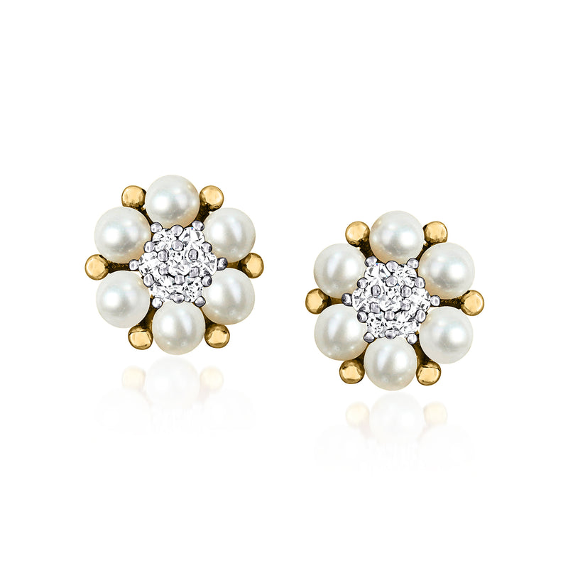 14kt yellow gold pearl and diamond flower stud earrings with post backs