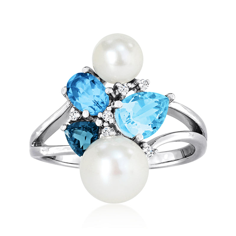 Cluster ring in white gold with blue topaz, diamonds, and white cultured pearls
