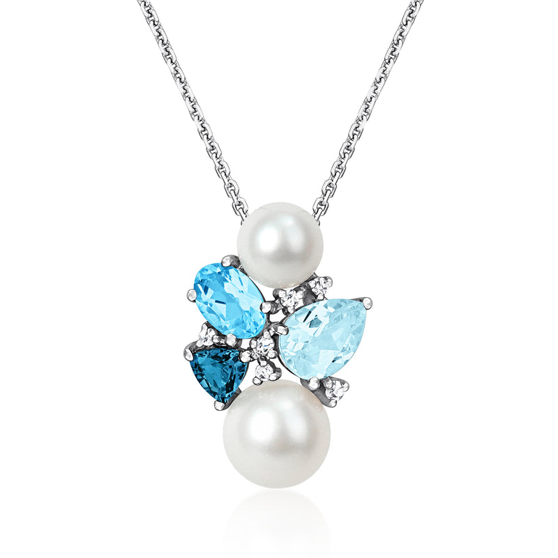 14kt white gold pendant necklace with two cultured pearls and blue topaz cluster with diamonds