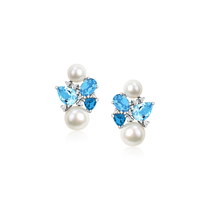 Cultured pearl and blue topaz post earrings in 14kt white gold with diamond accents