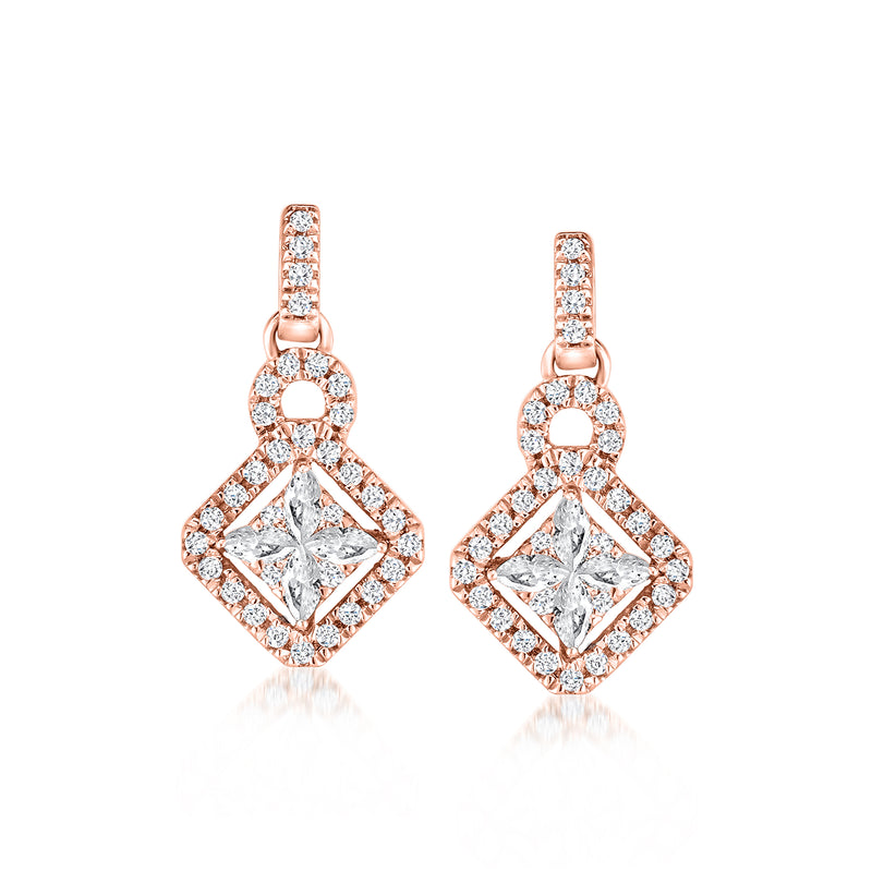 Rose gold diamond geometric drop post earrings with square pave and center stone