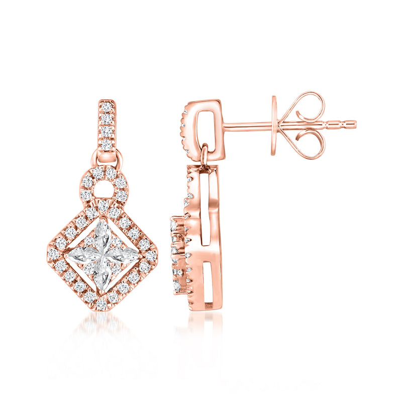 Rose gold diamond geometric post earrings shown from side, square pave with center stone