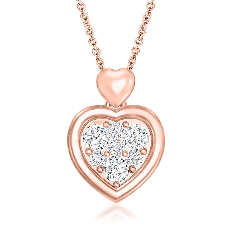 Rose gold heart pendant necklace with bezel-set diamond-style center and prong accents