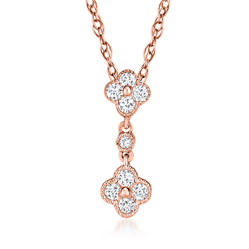 14kt rose gold diamond clover necklace with linked 4-leaf pendant, round stones