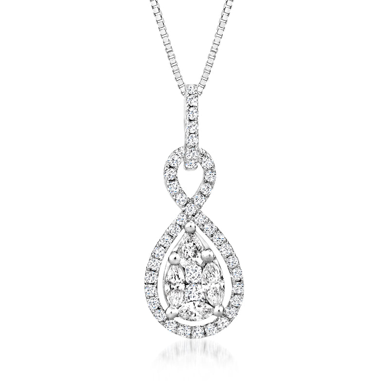 14kt white gold diamond pendant necklace with pear-shaped center and diamond halo