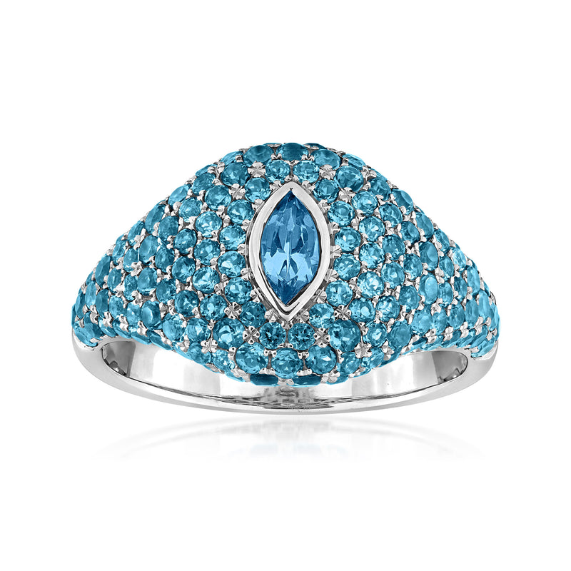 White gold signet ring with pavé blue topaz and marquise center stone
