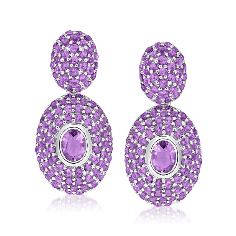 Oval amethyst drop earrings in 14kt white gold with purple gemstone halo clusters