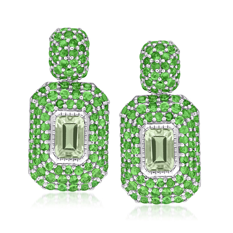14kt white gold post earrings with emerald-cut light-green center and green stone halo