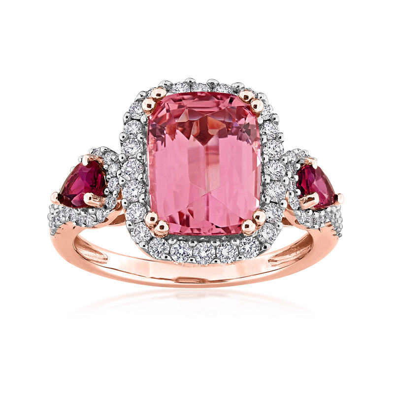 14kt rose gold ring with large pink tourmaline, diamond halo and pink side stones