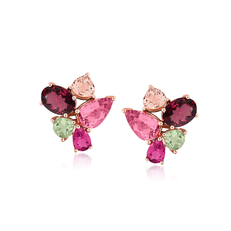 Rose gold cluster stud earrings with pink and green tourmaline teardrops