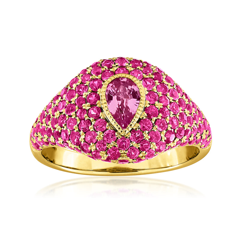 Pink sapphire signet ring in 14kt yellow gold with teardrop center stone